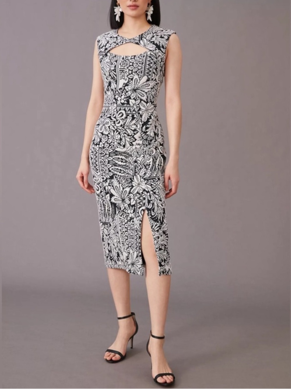 Anthropologie Tropical Print Jacquard Cut-Out Midi Dress In Black & White